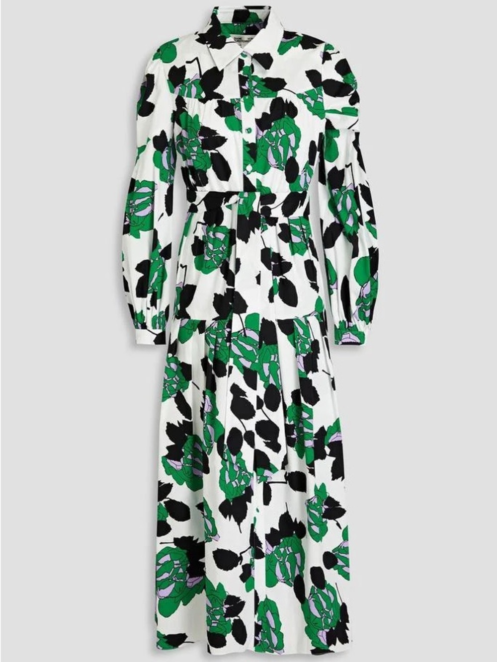 Diane Von Furstenberg Green & Black Floral Button-Up Midi Dress